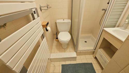 une petite salle de bain avec toilettes et lavabo dans l'établissement Studio Carnac Plage, à Carnac