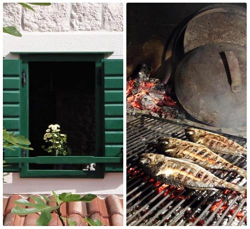 zwei Bilder von einem Grill mit Fleisch und einer Pfanne in der Unterkunft Stone cottage Lavandula in Baška Voda