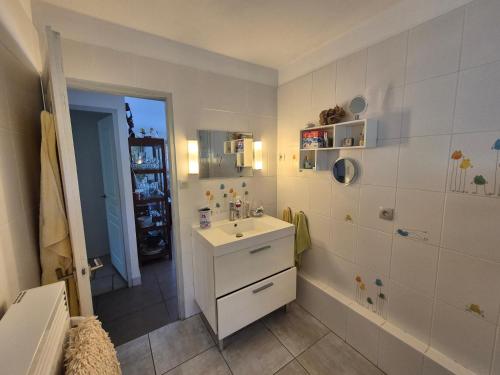 une salle de bain blanche avec un lavabo et un miroir dans l'établissement Villa 2 chambres de plain pied, climatisation, internet plages et commerces à proximité, à La Seyne-sur-Mer