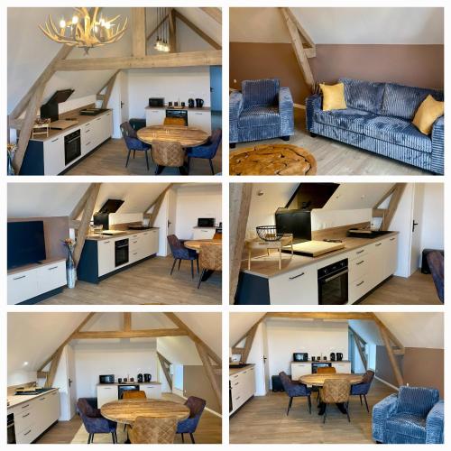 quatre photos d'un salon et d'une cuisine avec une table dans l'établissement Gîte du Bois l'Abbé, à Saint-Martin-Boulogne