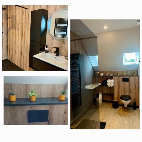 deux photos d'une salle de bain avec un lavabo et des toilettes dans l'établissement Gîte du Bois l'Abbé, à Saint-Martin-Boulogne
