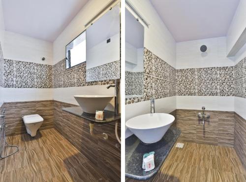 two pictures of a bathroom with a sink and a toilet at Hotel O Sunrise in Vadodara