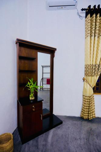 a mirror and a dresser with a plant in a room at Rilu Relax villa Arugambay in Arugam Bay