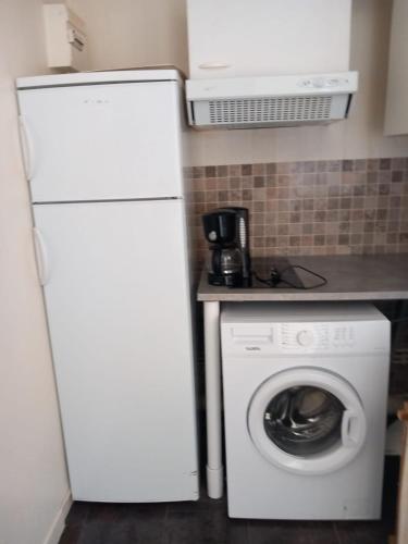 La cuisine est équipée d'un réfrigérateur blanc et d'un lave-linge. dans l'établissement Le jade Appartement T1 centre historique, à Dijon