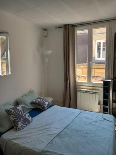 une chambre avec un lit avec des draps bleus et une fenêtre dans l'établissement Le jade Appartement T1 centre historique, à Dijon