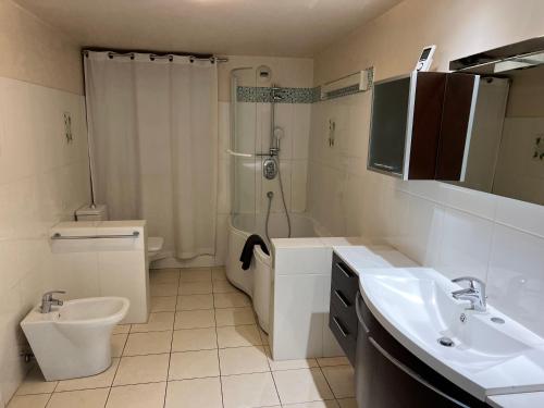 une salle de bain avec un lavabo, une douche et des toilettes dans l'établissement Loft Duplex Vieil Antibes, à Antibes
