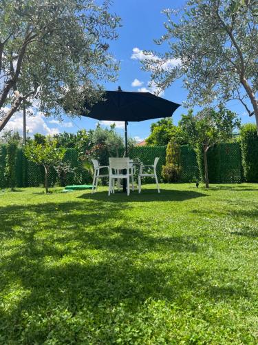 a table and chairs under an umbrella in a yard at Villa Visi in Moravë