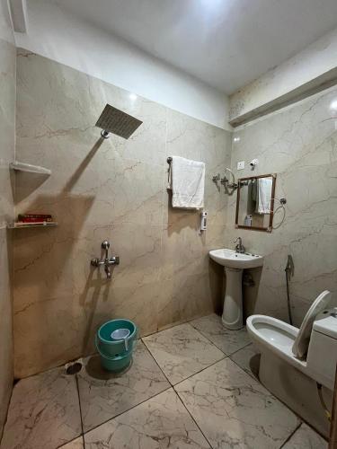 a bathroom with a sink and a toilet at Mayank Palace in Almora