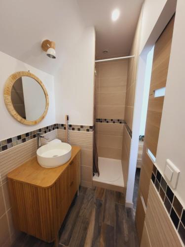 a bathroom with a sink and a shower and a mirror at Aparthotel Des 2 Caps in Ambleteuse