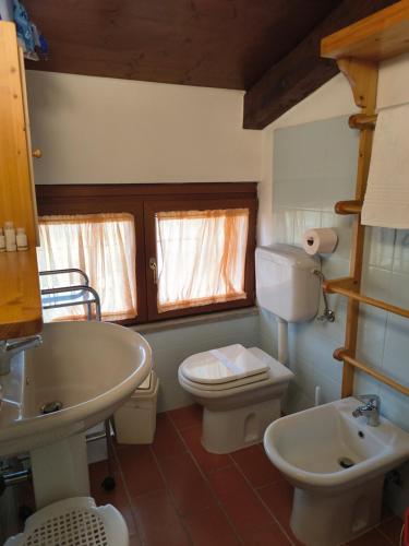 łazienka z białą toaletą i umywalką w obiekcie 37-Amiata, Val d'Orcia, Toscana da scoprire a casa Basso w mieście Castel del Piano