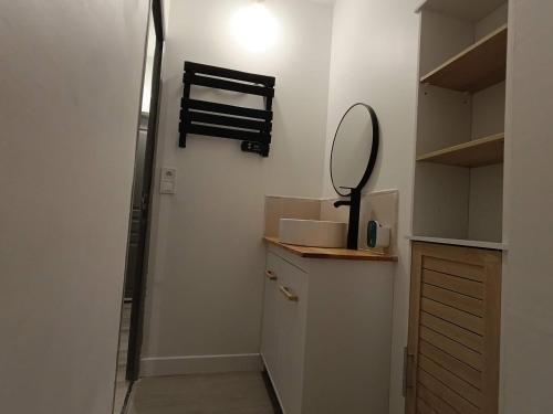 une salle de bain avec un lavabo et un miroir au mur dans l'établissement Confortable 2 chambres au cœur du Var, à Cabasse