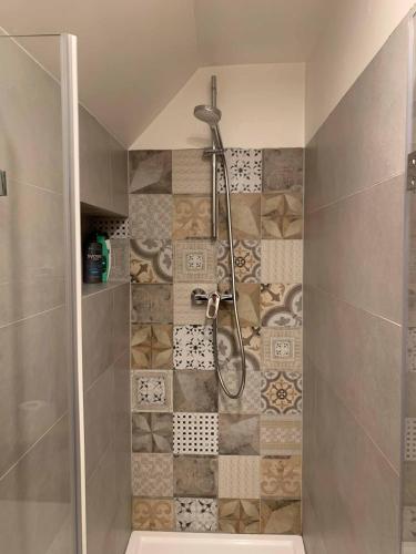 a shower in a bathroom with a tile wall at Piękny apartament w Pieninach in Krościenko