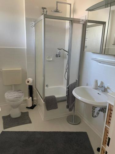 a bathroom with a shower and a toilet and a sink at Ferienwohnung Steubenhöft in Cuxhaven