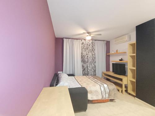 Schlafzimmer mit einem Bett und einem TV sowie lila Wänden in der Unterkunft Ayf 200m del mar 2 piscinas, pista de padel y gym in Oropesa del Mar