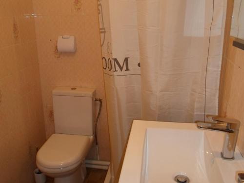 une petite salle de bain avec toilettes et lavabo dans l'établissement Charmant Mini-Studio Proche Thermes, Commerces Et Activités - Animaux Bienvenus! - FR-1-503-54, à Balaruc-les-Bains