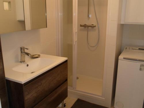 une salle de bain avec un lavabo et une douche dans l'établissement Appartement T2 avec Jardinet Privatif, Proche de l'Étang de Thau et Thermes - FR-1-503-79, à Balaruc-les-Bains