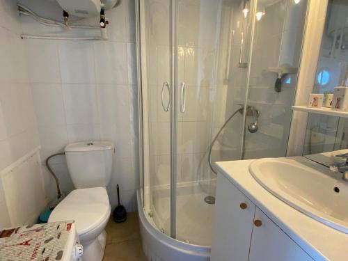 une salle de bain avec une douche, des toilettes et un lavabo dans l'établissement Appart cosy à Balaruc-les-Bains, proche Thermes, animaux admis, climatisation - FR-1-503-101, à Balaruc-les-Bains