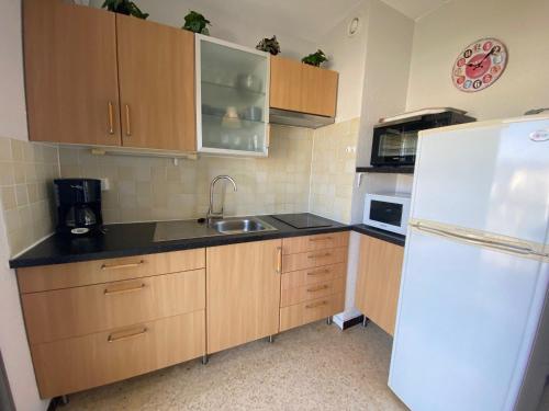 une cuisine avec des armoires en bois et un réfrigérateur blanc dans l'établissement Appart cosy à Balaruc-les-Bains, proche Thermes, animaux admis, climatisation - FR-1-503-101, à Balaruc-les-Bains