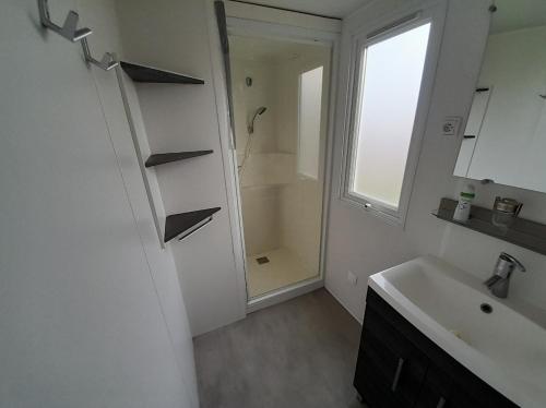 瓦尔拉普拉日Mobil Home CAMPING LES SABLES DU MIDI的带水槽和淋浴的白色浴室