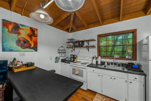a kitchen with a dog painting on the wall at Mountain Treehouse - Magpie Nest in Mentone