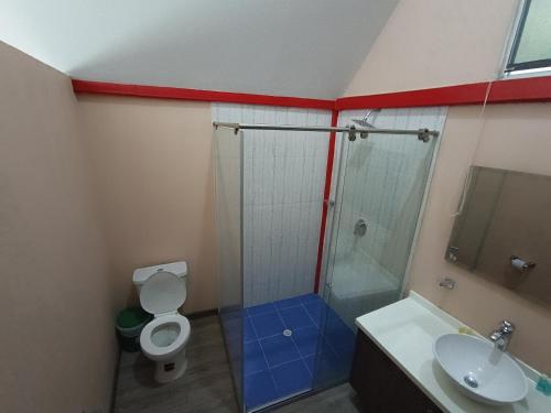 a bathroom with a shower and a toilet and a sink at HCR Hotel y Centro de Convenciones Chinauta Real in Fusagasuga