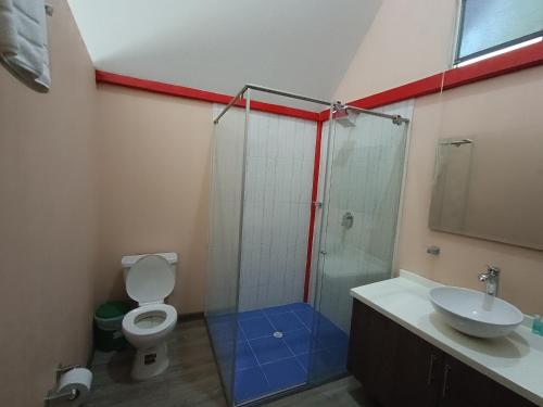 a bathroom with a shower with a toilet and a sink at HCR Hotel y Centro de Convenciones Chinauta Real in Fusagasuga