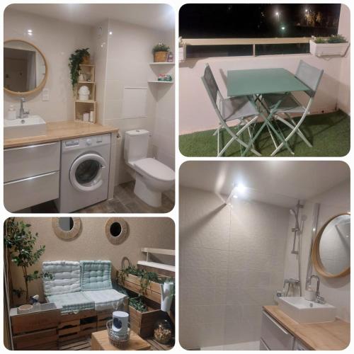 Quatre photos d'une salle de bains avec lavabo et lave-linge dans l'établissement Nid douillet refait à neuf, proche de la mer, à Mandelieu-la-Napoule
