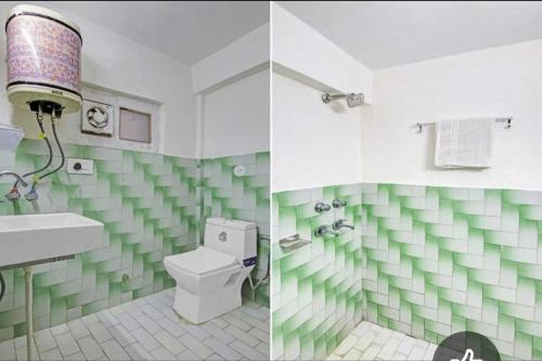 dos fotos de un baño con azulejos verdes y blancos en Hotel Alfa Manali, en Manali
