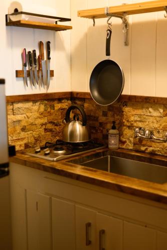 a kitchen with a sink and a pot on a stove at Lake Front Cabins in June Lake