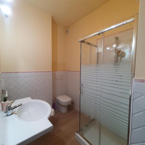 a bathroom with a shower and a sink and a toilet at Agriturismo Costa di Campo in Vernazza