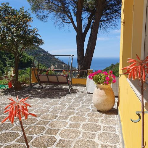 a patio with a table and a vase of flowers at Agriturismo Costa di Campo in Vernazza