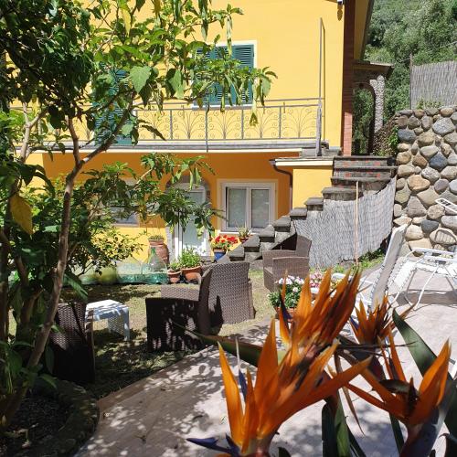 a house with a patio with chairs and a tree at Agriturismo Costa di Campo in Vernazza