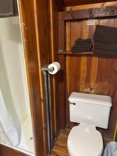 a bathroom with a toilet and a roll of toilet paper at Addison's Bungalows in Brisco