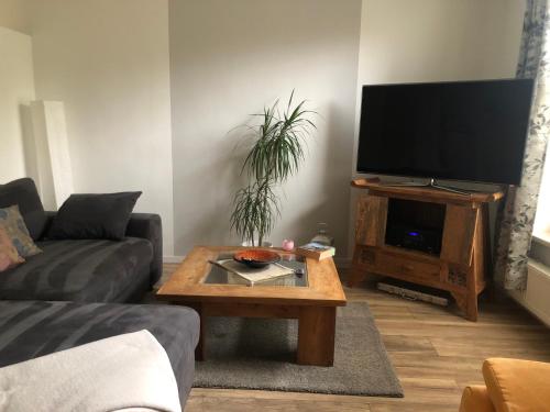 a living room with a tv and a coffee table at Ferienwohnung A.Engelhardt in Nordhausen