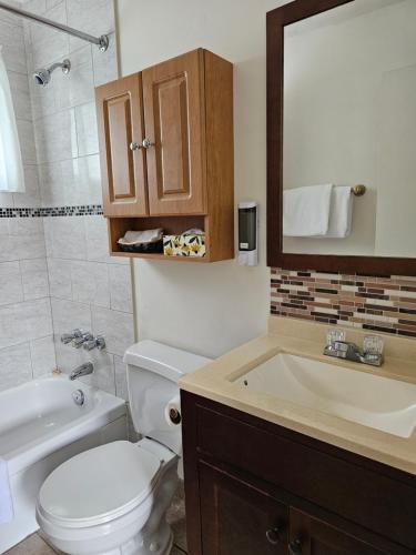 a bathroom with a toilet and a sink and a mirror at Motel de l'Outlet in Magog-Orford