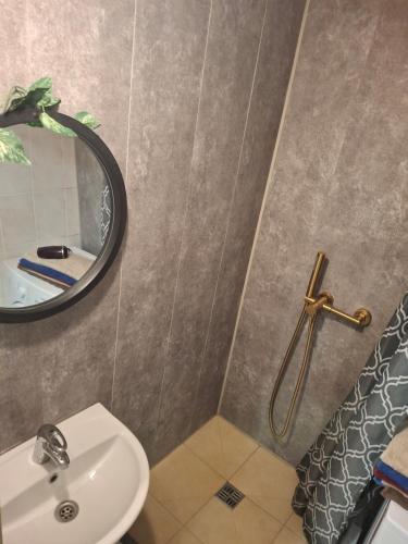 a bathroom with a sink and a mirror at Amber Stay Birštonas in Birštonas