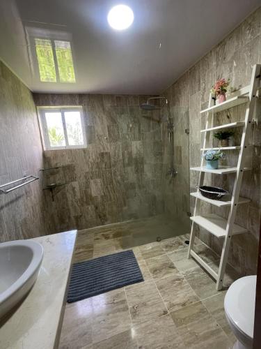 a bathroom with a shower and a toilet and a sink at New! Chic Beach Condo at Punta Cana in Punta Cana
