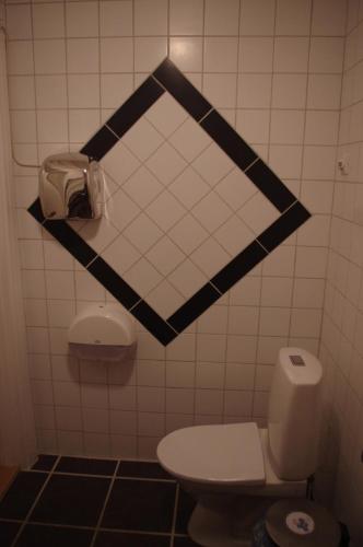 a bathroom with black and white tiles and a toilet at Äventyrsgårdens Vandrarhem, Kinnekulle in Källby