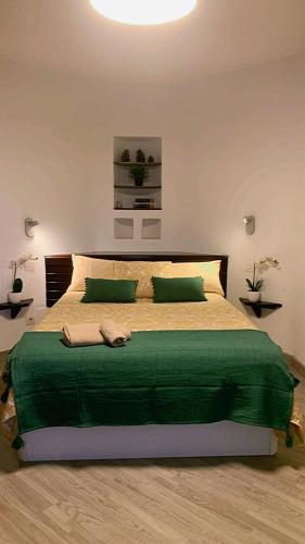 a bedroom with a large bed with green sheets at Studio Gio - Paraiso del Sur in Playa Paraiso