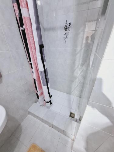 a bathroom with a shower curtain and a toilet at Lovely Paceville Studio E in St Julian's