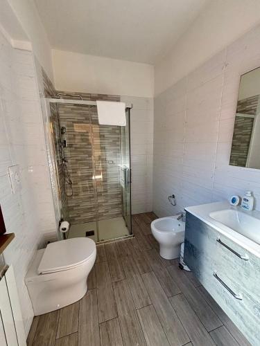 a bathroom with a shower and a toilet and a sink at B&B Buena Vista in Fiumicino