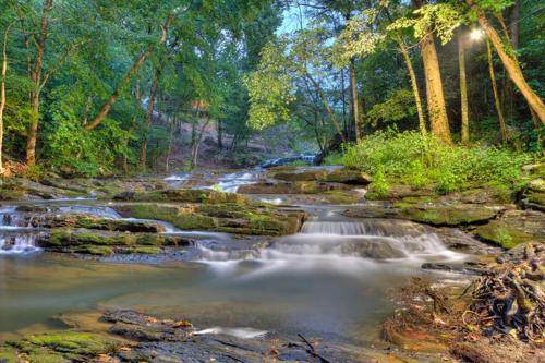 a stream of water with rocks and trees at Waterfalls Edge by Venture Smoky Mountains in Pigeon Forge