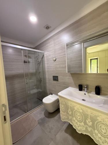 a bathroom with a toilet and a sink and a shower at Villa Adventure in Bodrum City