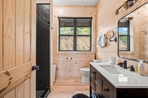 a bathroom with a sink and a toilet and a mirror at Velvet Monkey Retreat in Sevierville