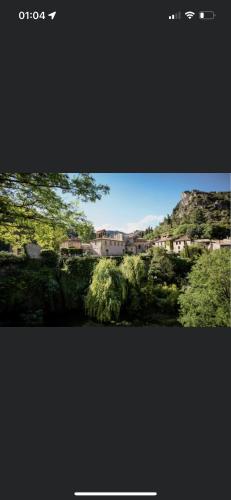 Elle offre une vue sur une ville arborée et une montagne. dans l'établissement Villa vigneronne moderne piscine et jaccuzi, à Saint-Jean-de-Fos