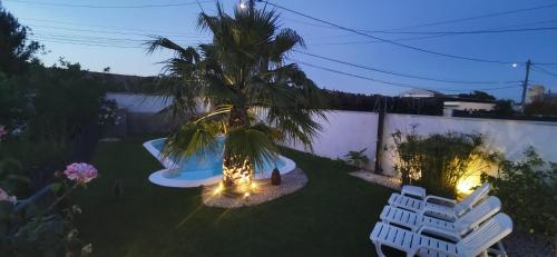 une cour arrière avec des chaises, un palmier et des lumières dans l'établissement Superbe Villa tout confort avec piscine, à Beaucaire