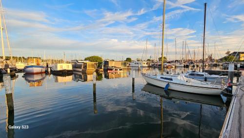 a group of boats are docked in a marina at Houseboat De Amstel in Monnickendam