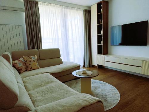 Una sala de estar con un sofá y un televisor de pantalla plana. en LanDan Planet - free parking, en Niš
