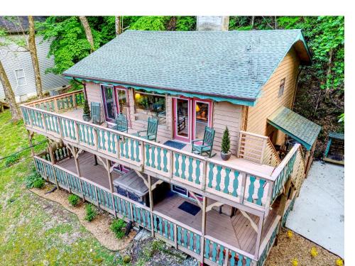 an overhead view of a house with a deck at Mountain Chalet with hot tub ! in Gatlinburg