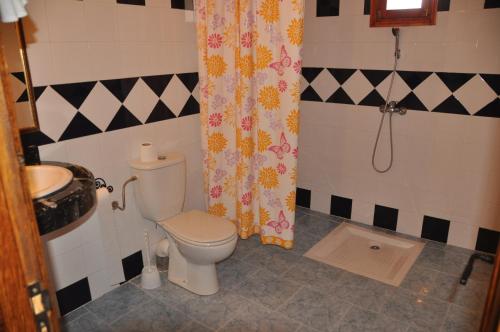a bathroom with a toilet and a shower curtain at Serdrar Camp in Timganine